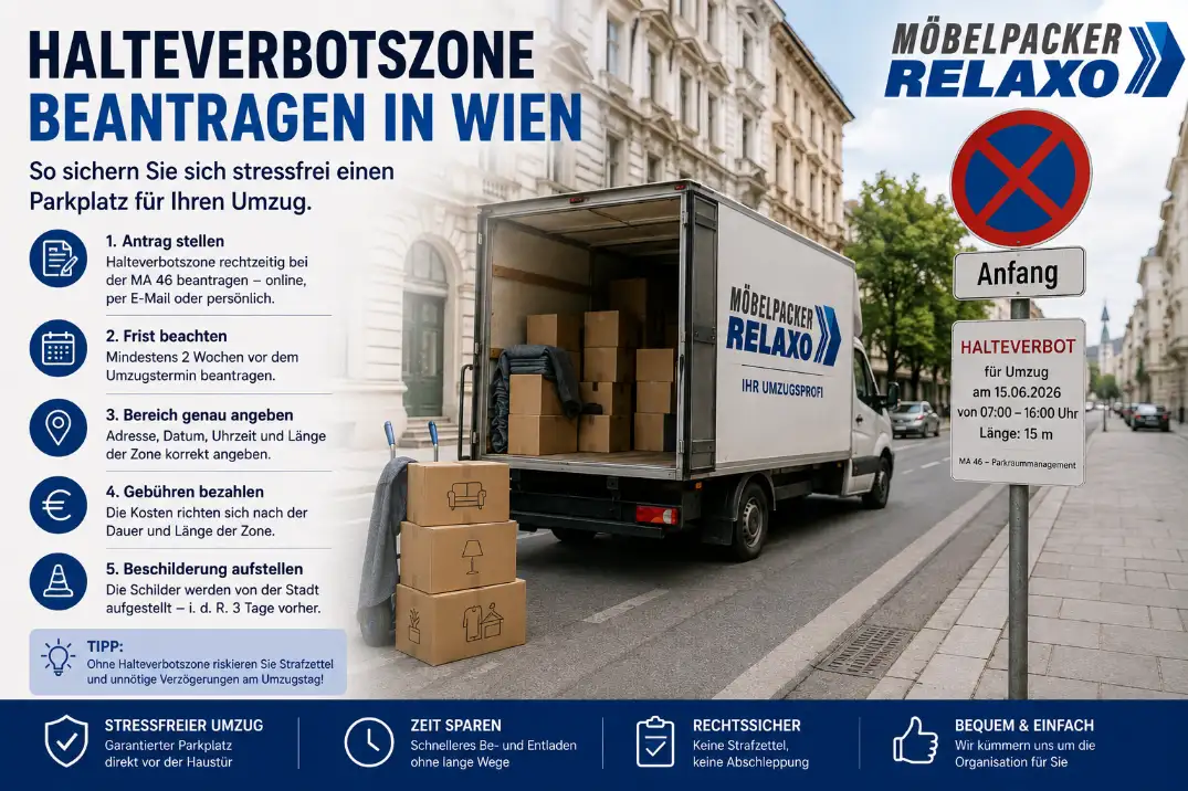 Umzugsfahrzeug in einer temporären Halteverbotszone vor einem Wohnhaus